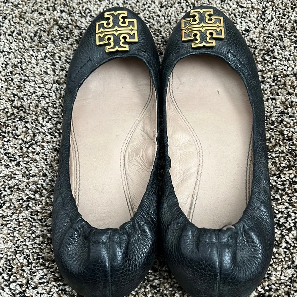Tory Burch Gold Logo Melinda Black Leather Flat, worn